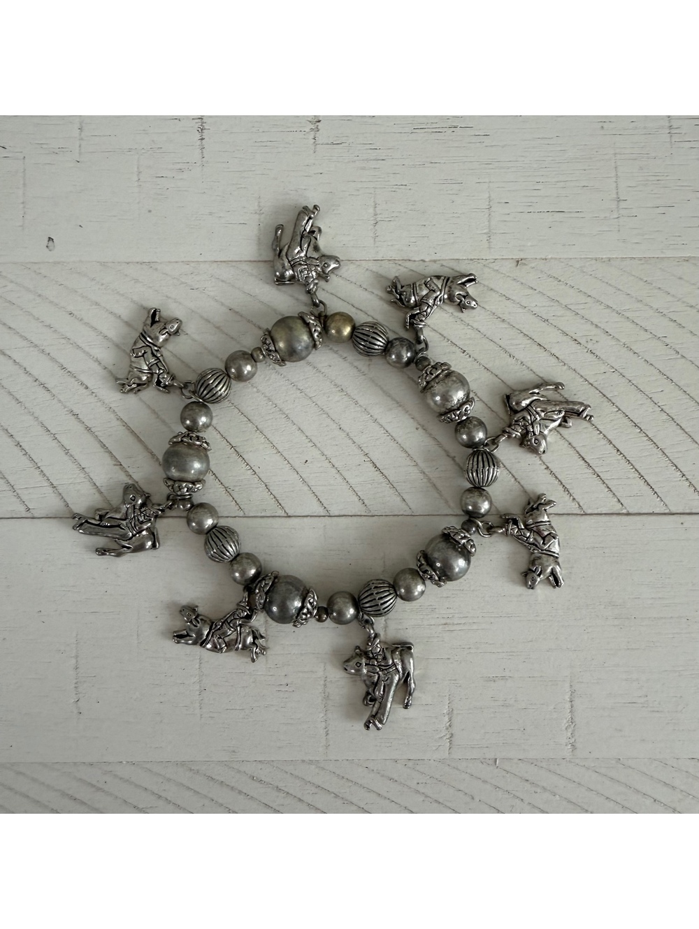 Vintage Western Cowboy Horse Charm Bracelet Silver Tone Rodeo Cowgirl
